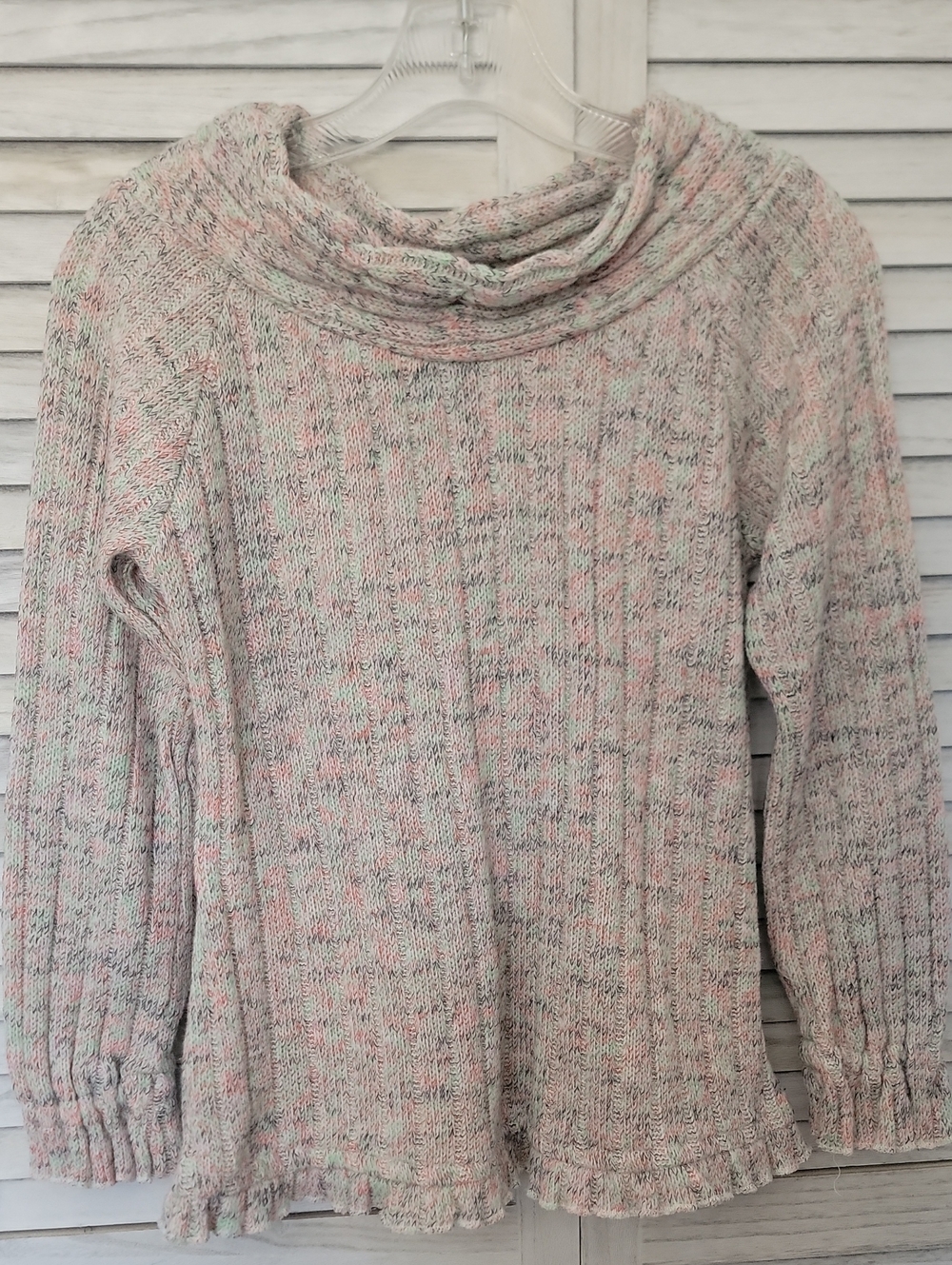 Total Fashion Multicolor Marled Cowl Neck Knit Sweater Ruffle Trim